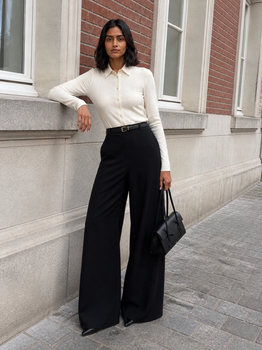 Alaia ivory bodysuit black wide leg trousers outfit