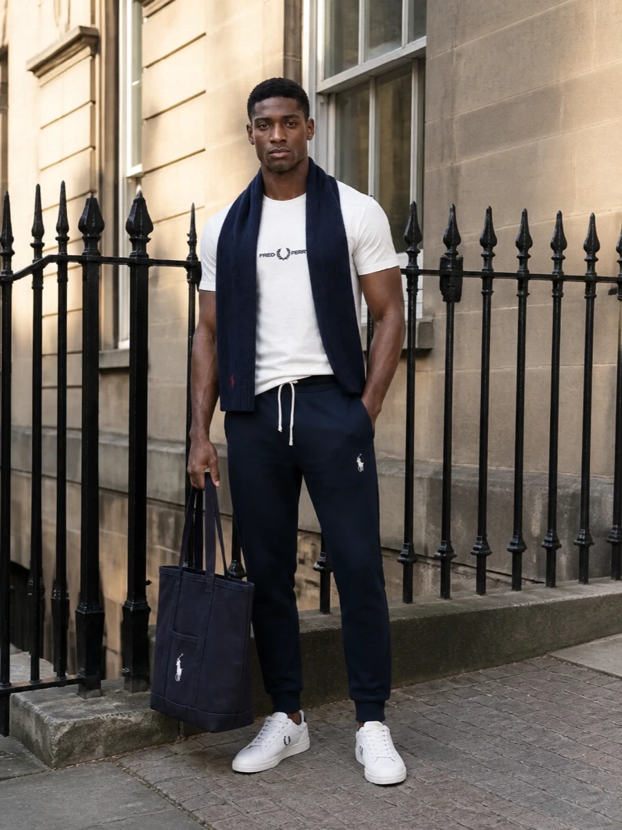 Fred perry white tee navy joggers outfit