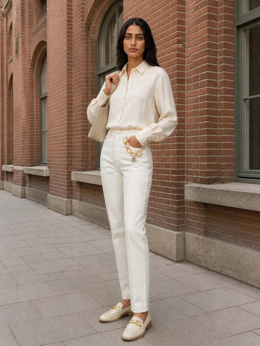 A restrained ivory and buttercream palette lets the Celine denim and silk shirt do the talking, reading polished without feeling over-styled. Buttercream loafers and an ivory shoulder bag keep the line long and tonal, ideal for daytime appointments that could easily roll into a discreet dinner. Gold hardware quietly links each element so the outfit feels intentional rather than matched.