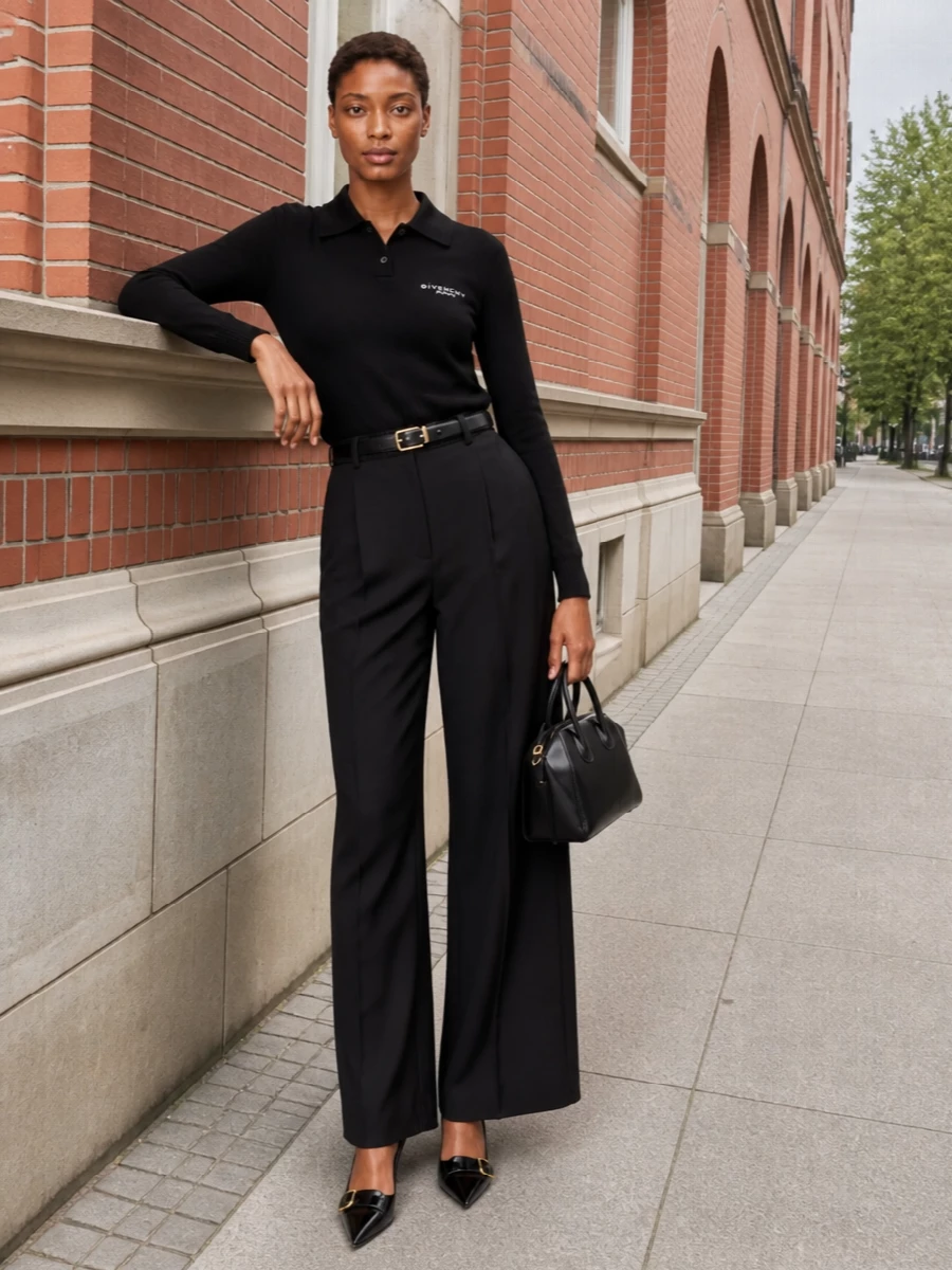 Givenchy black polo wide leg trousers outfit