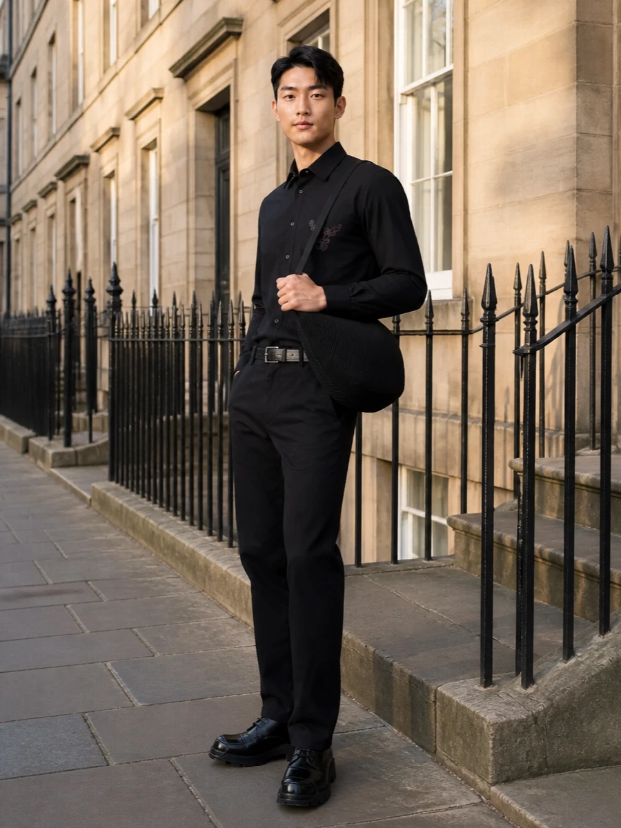 Diesel black shirt straight trousers chunky derby