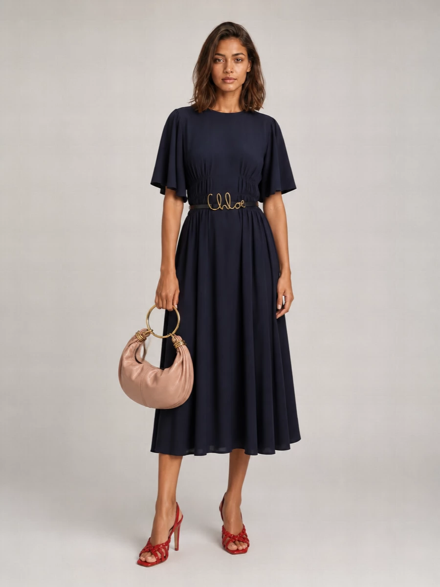 Chloé Silk Draped Short-Sleeve Midi Dress