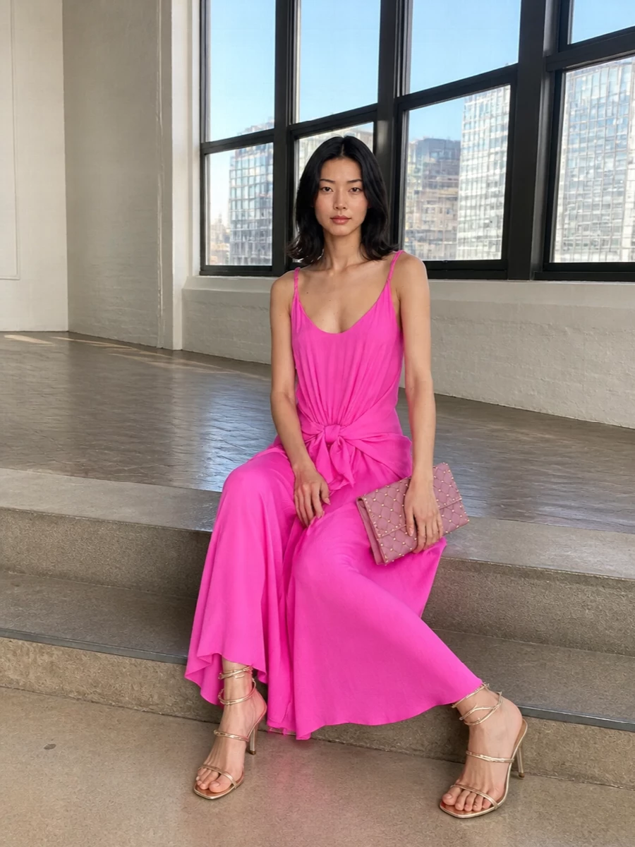 Neon pink takes center stage here, framed by ethereal champagne straps and a sleek quilted clutch for a focused, romantic evening mood. The fluid drape does the work, so accessories stay light, gleaming and a touch y2k to keep the whole thing feeling modern rather than formal. It is made for warm nights when you want high impact with almost no styling effort.