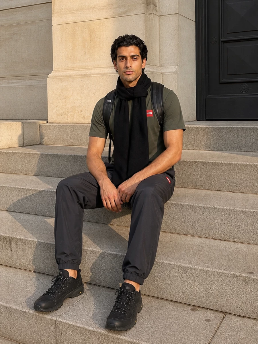North face olive tee technical joggers sneakers