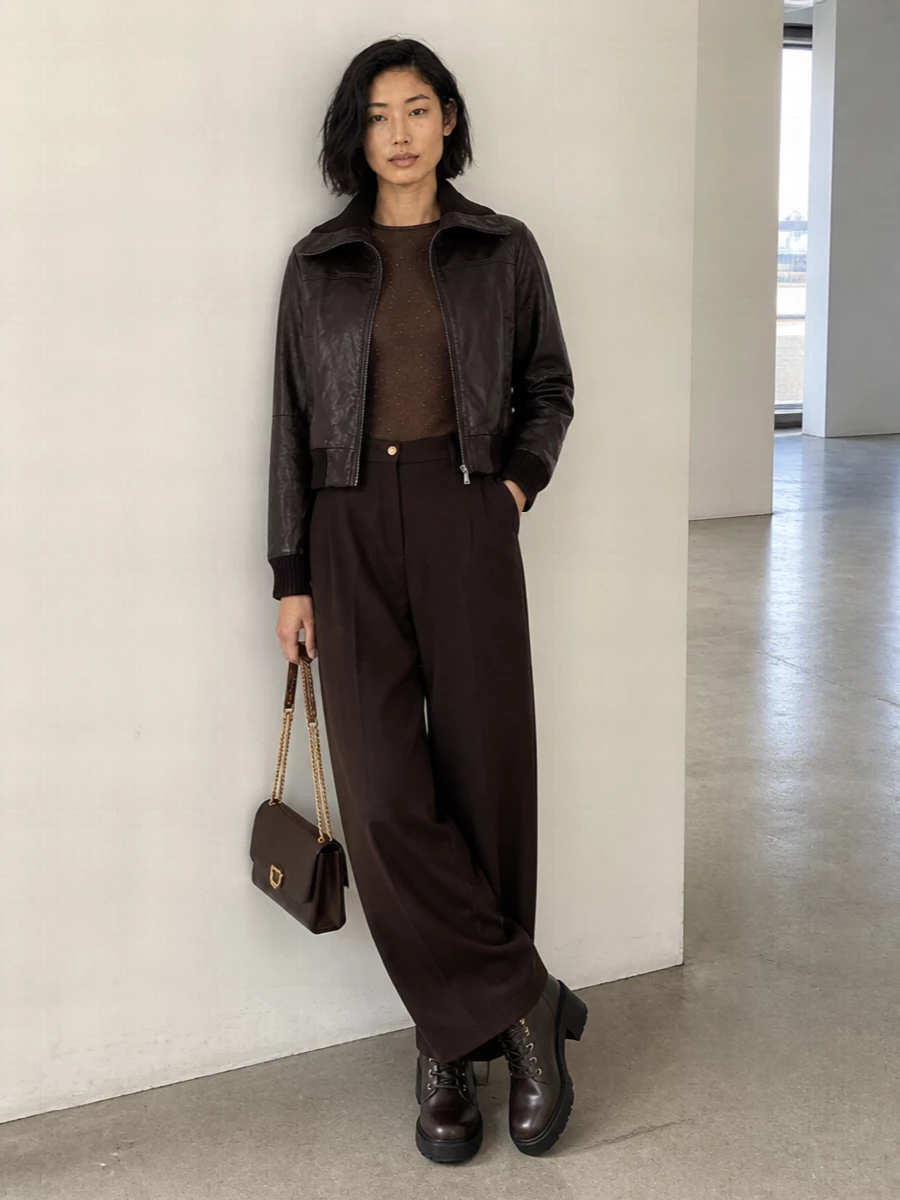 Pinko brown bomber wide leg trousers outfit
