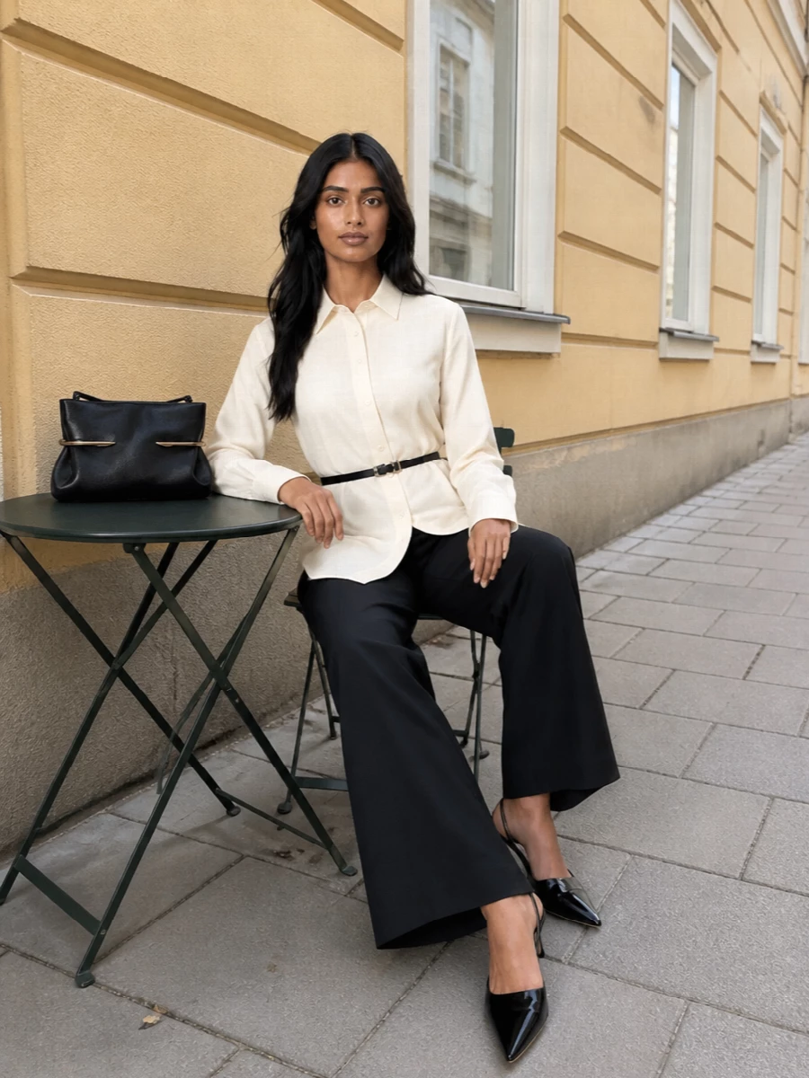 Givenchy cream shirt black wide leg trousers