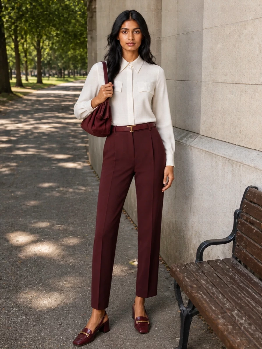 Elisabetta franchi burgundy trousers ivory shirt