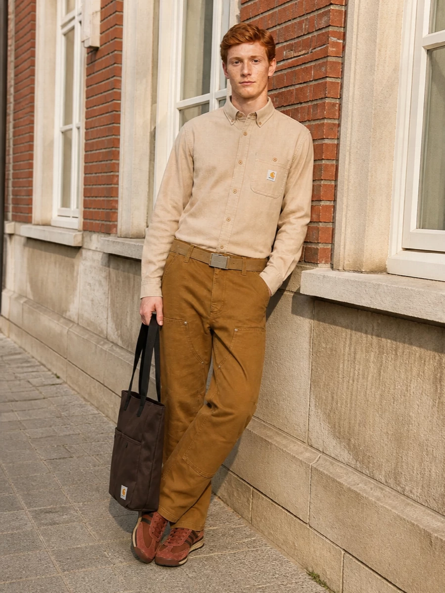 Carhartt WIP’s caramel work pants and sand shirt sit in the same warm, utilitarian family, giving a clean, straight-line silhouette that feels easy for city days or skate sessions. Rust-toned adidas runners keep everything grounded but agile, while the dark brown tote and sand webbing belt finish the outfit with practical workwear texture and just enough structure.