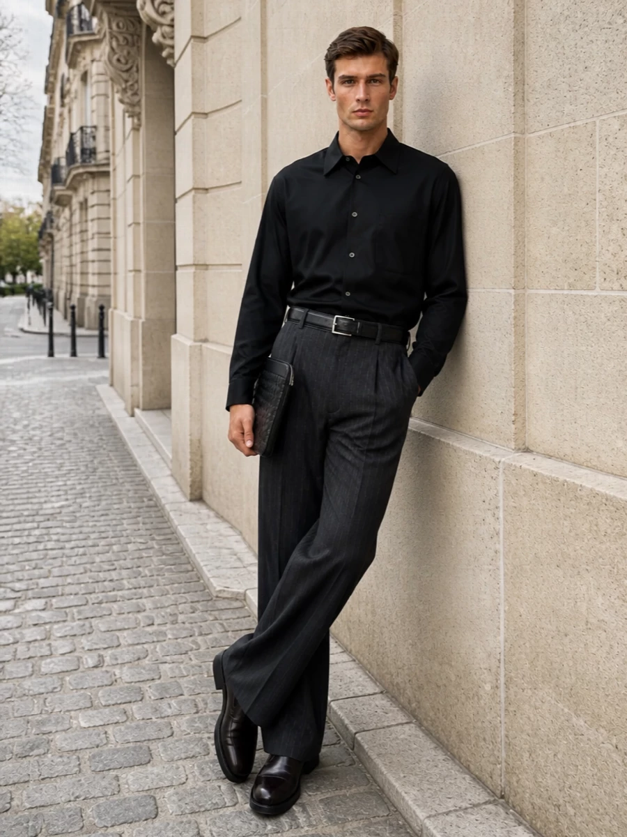Our legacy pinstripe trousers black shirt outfit