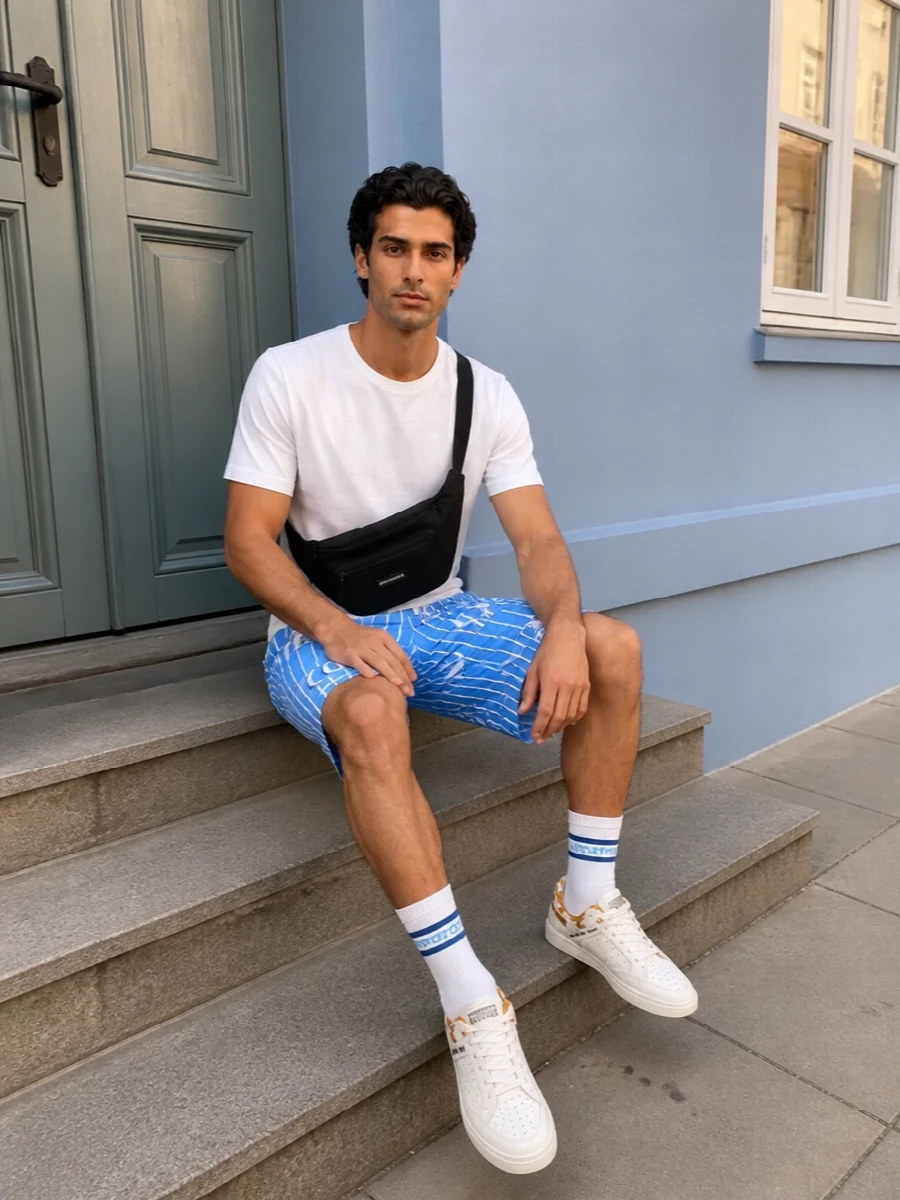 Versace sky blue logo shorts white tee outfit