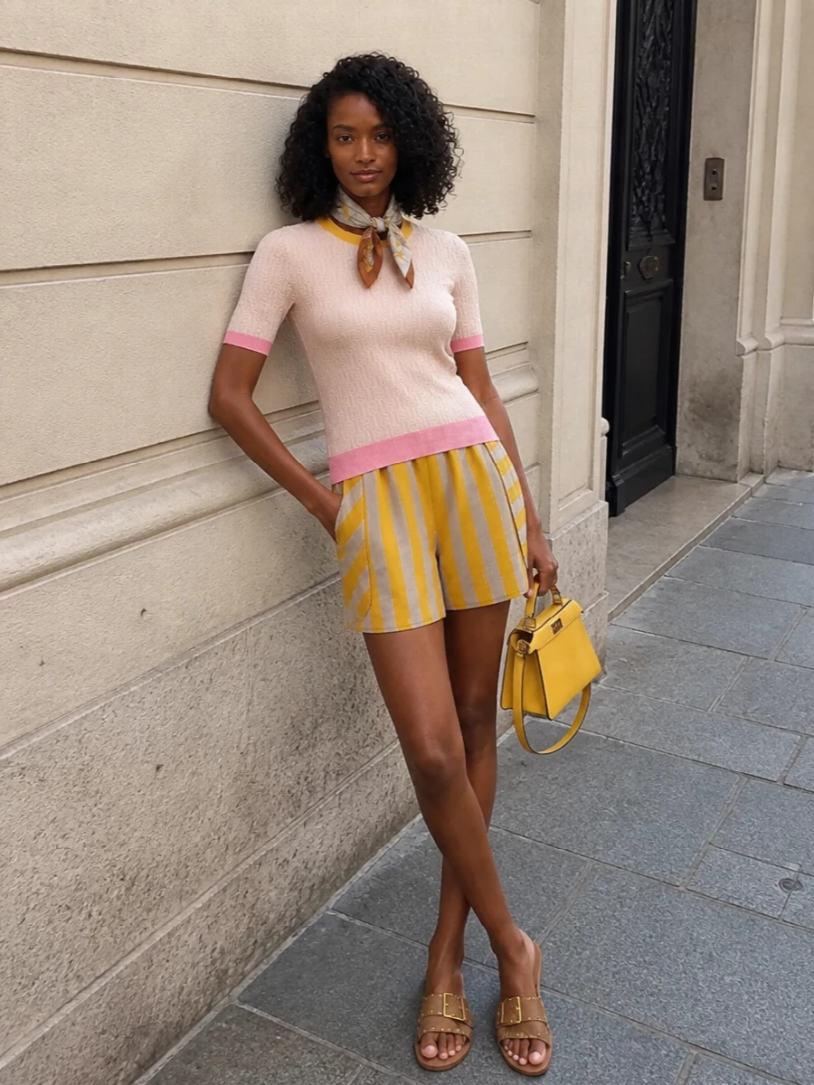 The look leans into a polished, resort-inflected mood: Fendi’s striped shorts stay the playful focal point, anchored by the softly structured blush knit that keeps the palette light and refined. Tan leather slides and a sunshine-yellow top-handle bag echo the warm tones of the stripes, creating a cohesive SS outfit that feels luxurious yet effortlessly easy. A whimsical silk scarf adds a final Fendi flourish without disturbing the clean, relaxed silhouette.