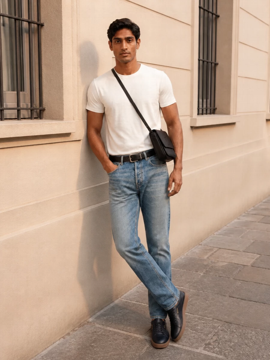 Saint laurent jeans white tee navy sneakers