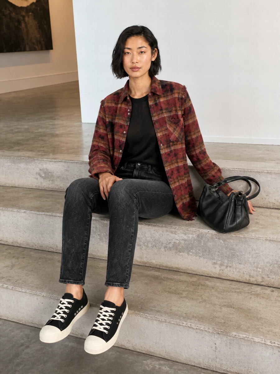 R13 plaid shacket black jeans rick owens sneakers