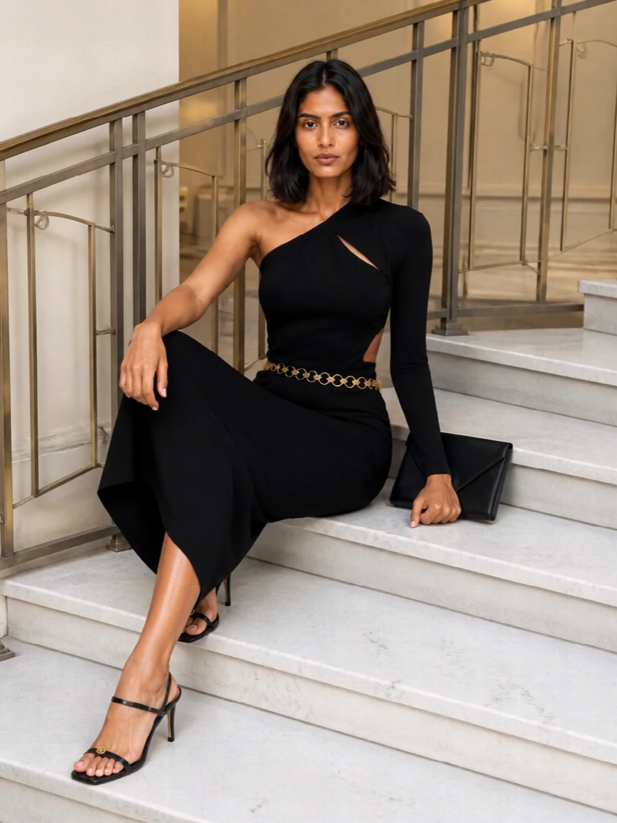 Versace black cut out evening dress outfit