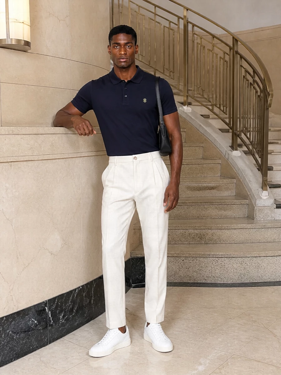 Celine sneakers navy polo off white trousers