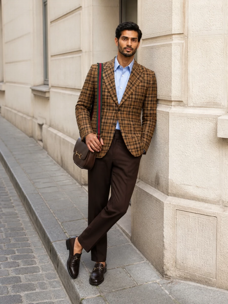 Gucci camel check blazer brown trousers outfit