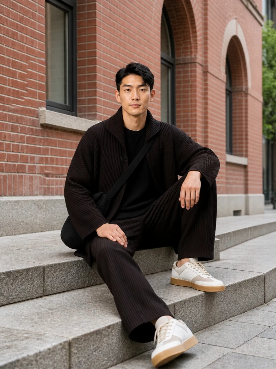 Homme plisse brown coat pleated pants outfit