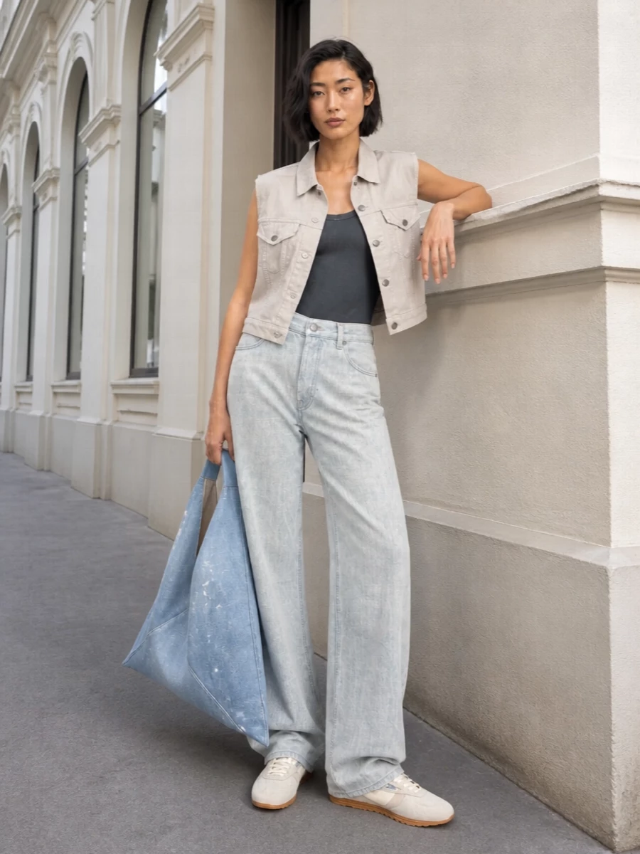 Haikure denim vest wide leg jeans outfit