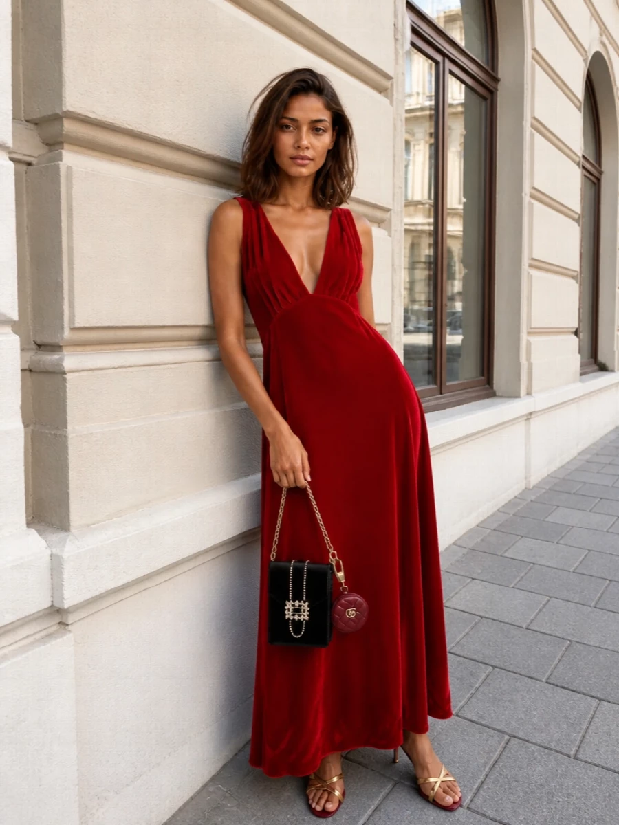 Parosh red velvet gown gold sandals vivier bag