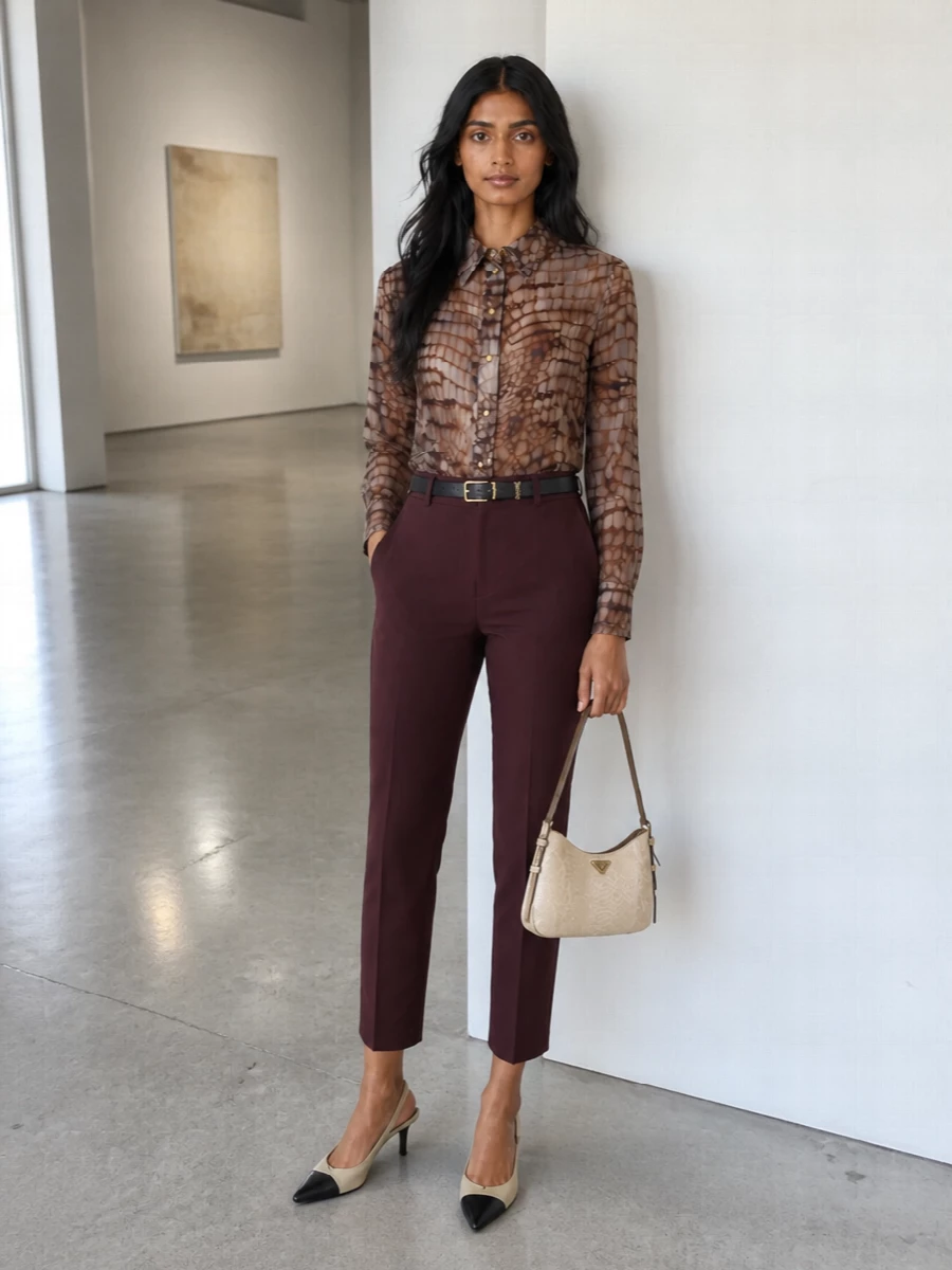 Elisabetta franchi print shirt brown trousers outfit