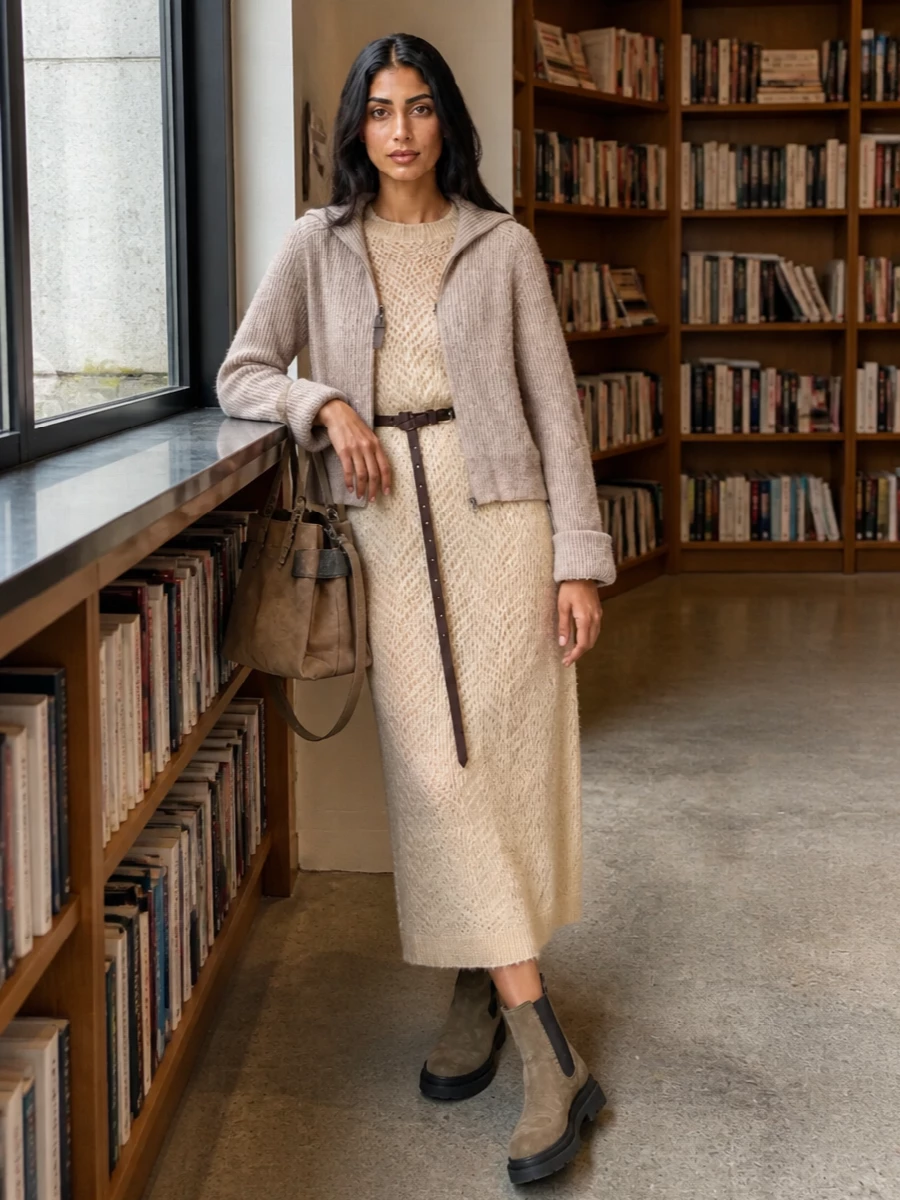 Brunello cucinelli cardigan beige knit midi dress