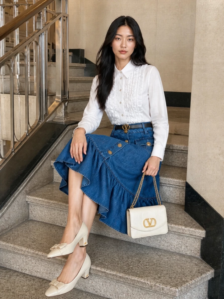 A high-waisted ruffled denim skirt meets a crisp white ruffle-front shirt for a romantic take on polished day dressing. Buttercream block-heel pumps and a matching small flap bag echo the gold hardware and keep the palette soft, while a slim black belt neatly defines the waist and sharpens the silhouette. The result feels graceful and composed, ideal for city lunches or gallery afternoons where you want feminine detail without fuss.