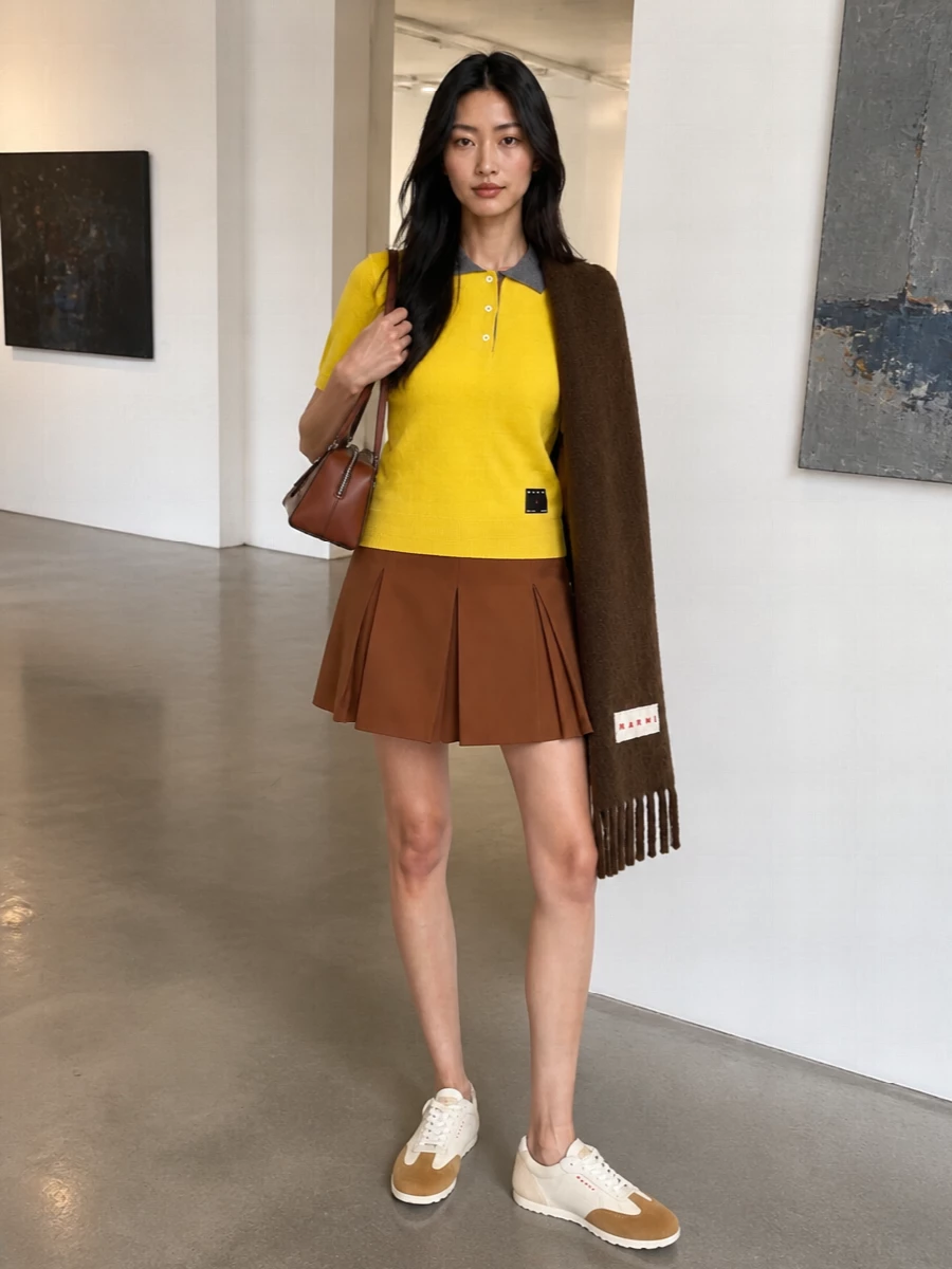 Marni yellow polo brown mini skirt outfit
