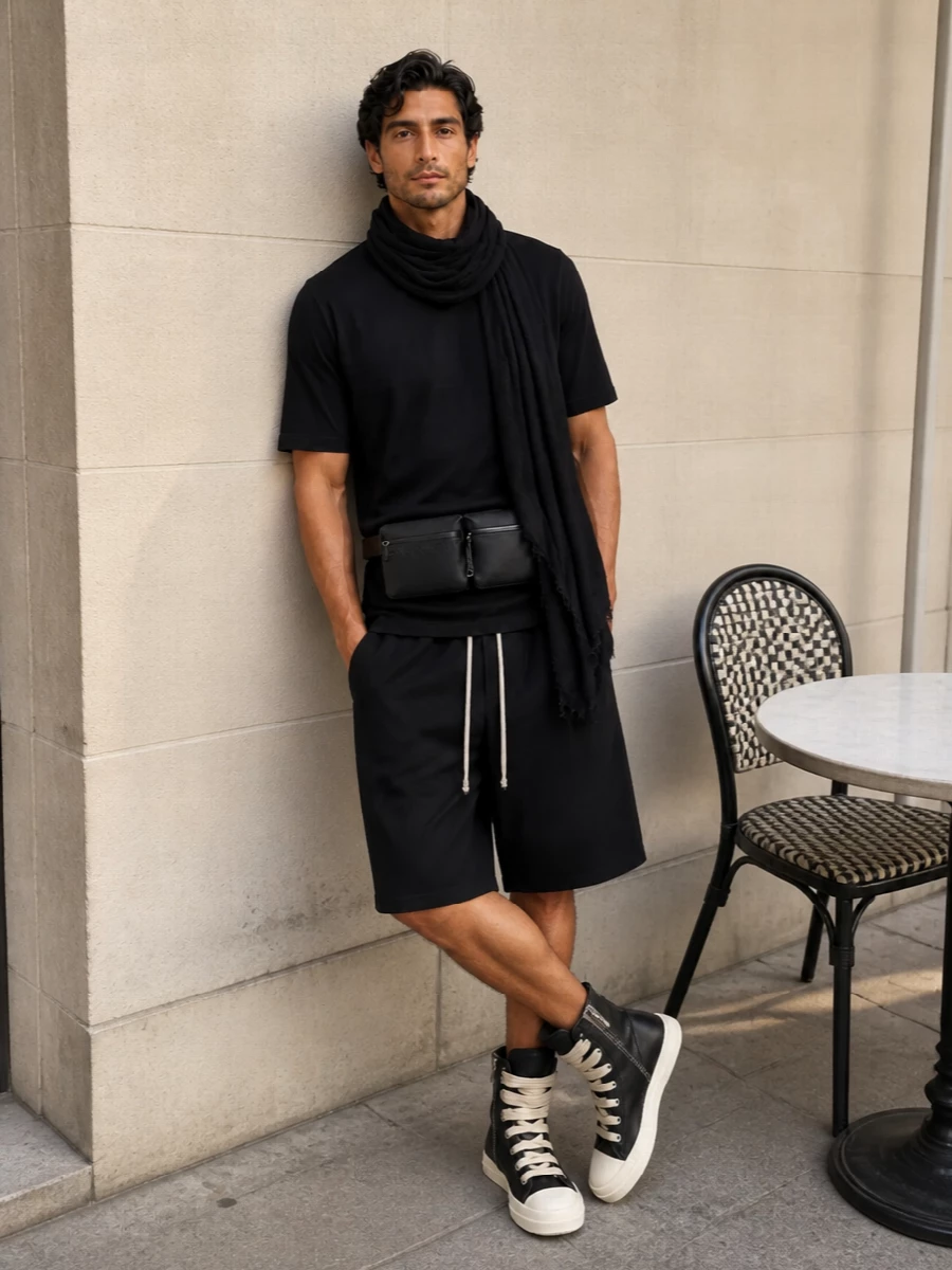 Rick owens black shorts longline tee high top sneakers