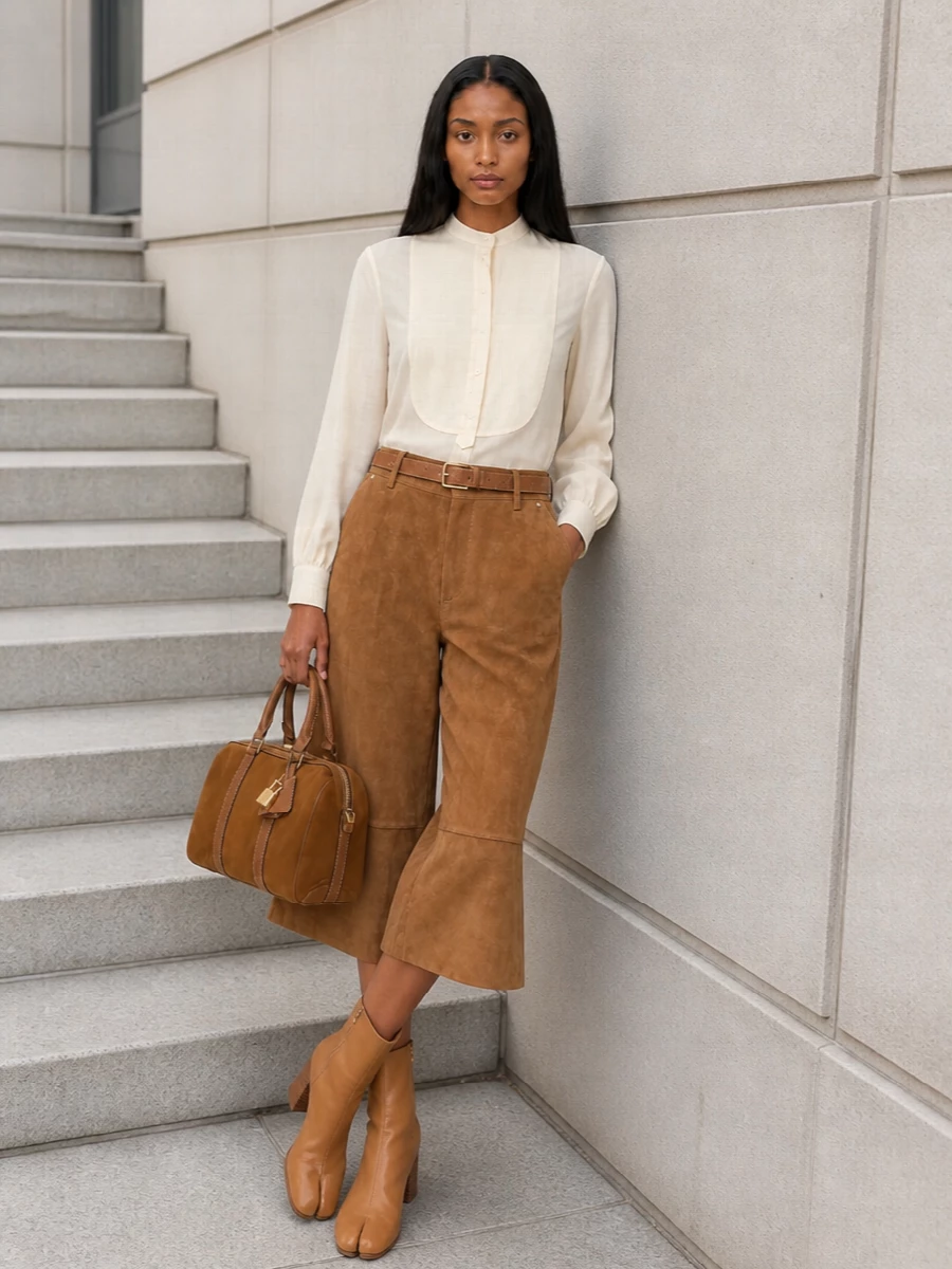 Chloe blouse camel suede culottes outfit