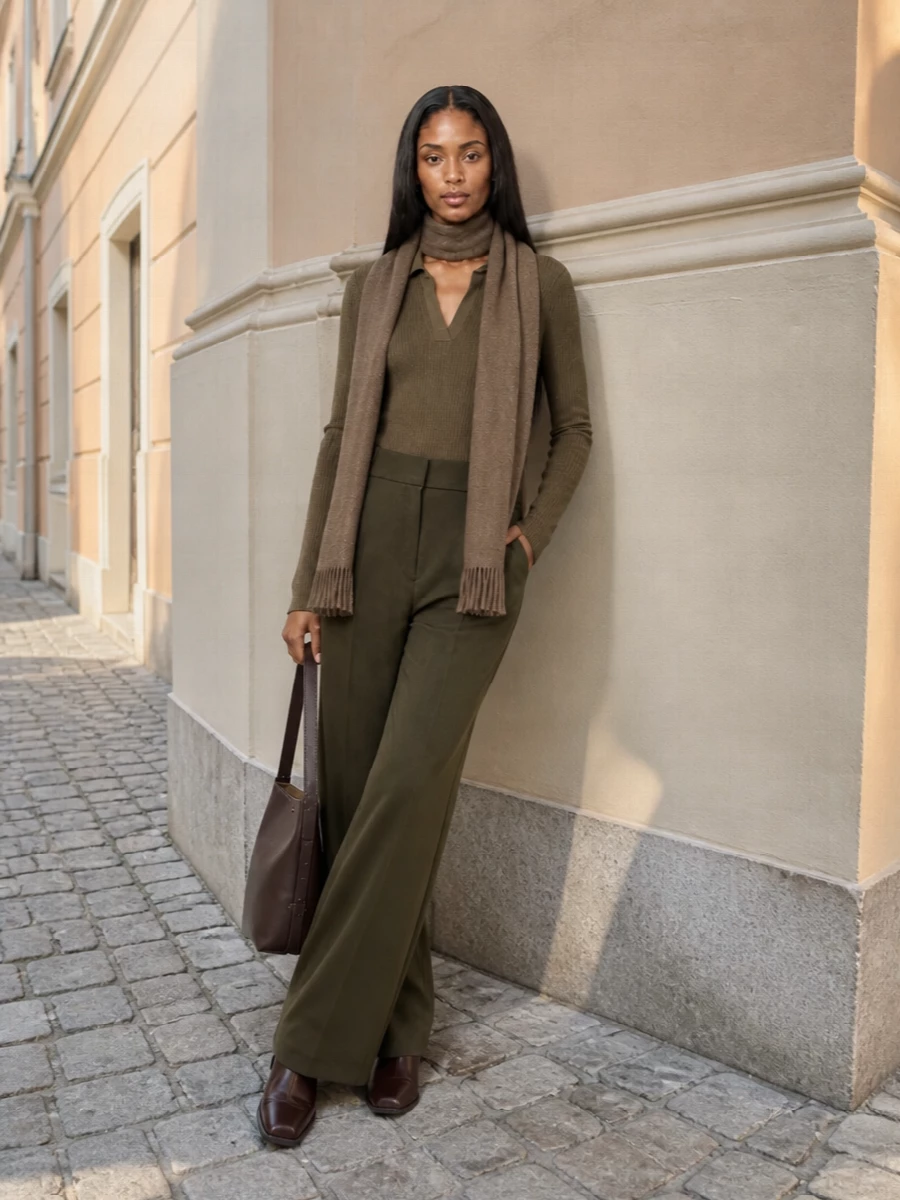 Max mara olive trousers brown ankle boots outfit