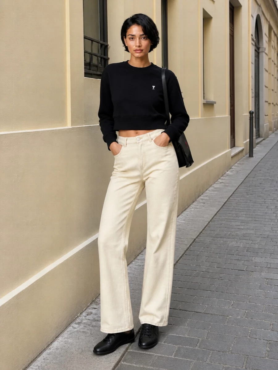 Ami paris cropped sweatshirt wide leg jeans outfit