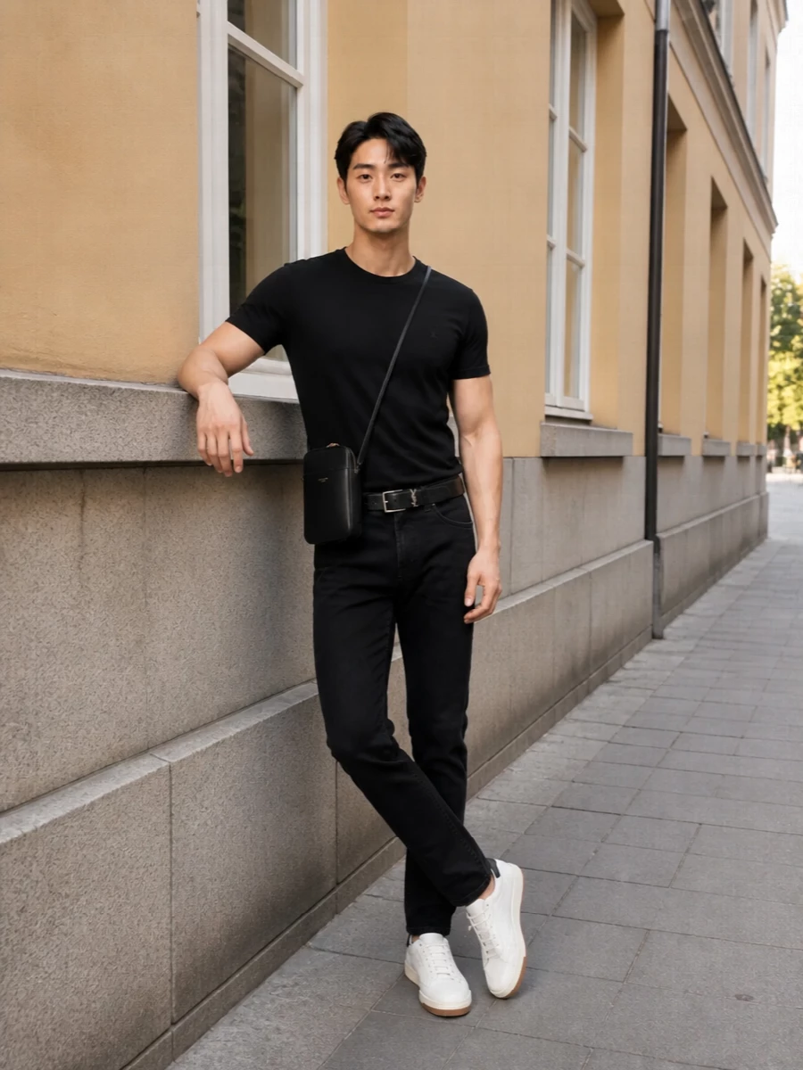 Saint laurent black tee slim jeans sneakers