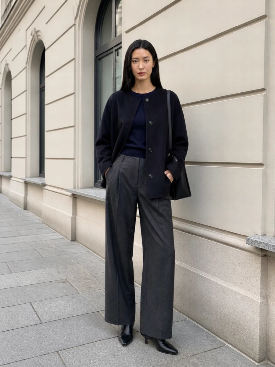Loulou studio navy coat wide leg trousers outfit