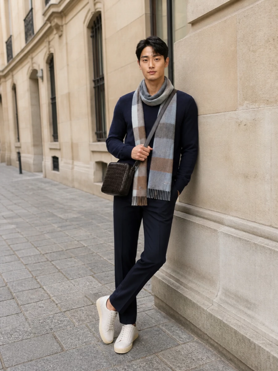 Zegna navy knit trousers brunello sneakers outfit