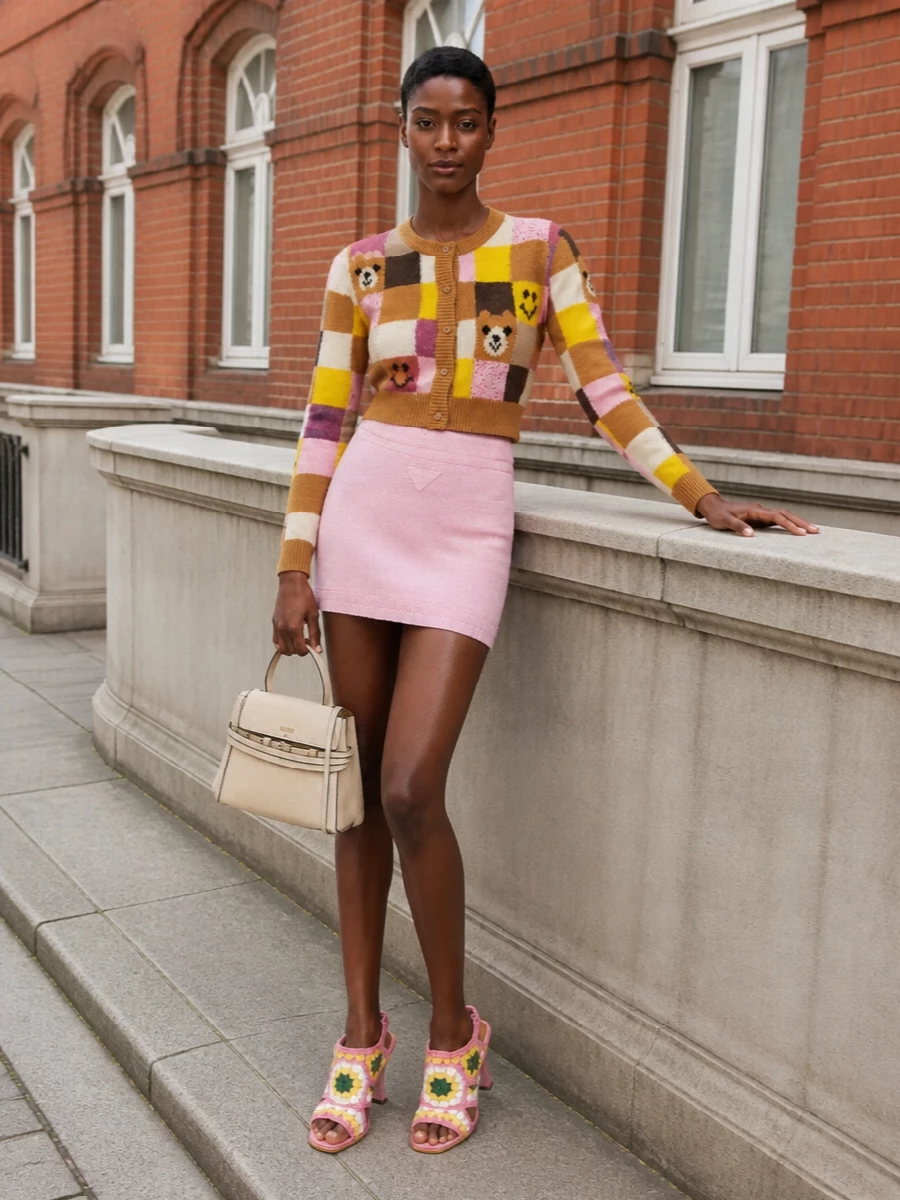 Moschino cardigan prada pink mini skirt outfit