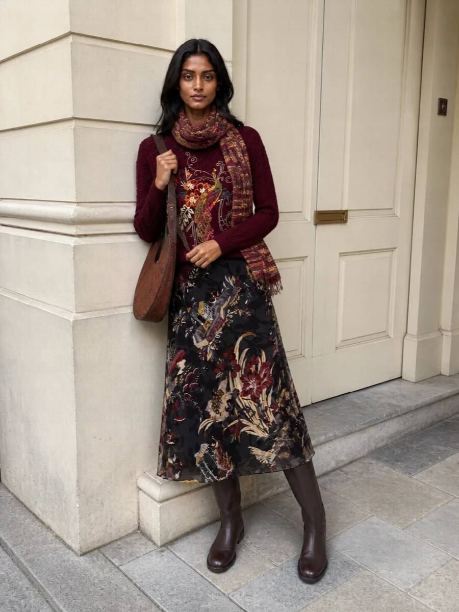 Etro embroidered sweater dark floral midi skirt