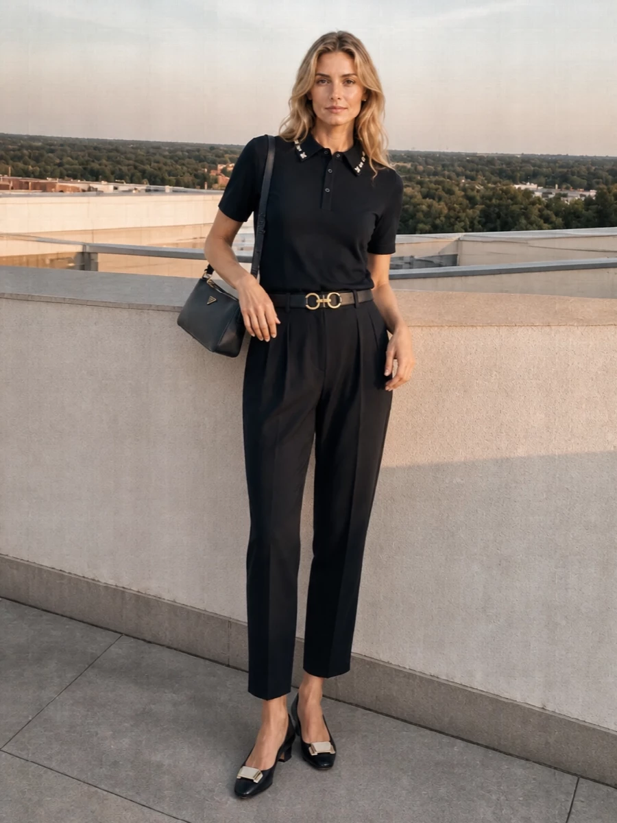 A midnight navy column keeps the focus on texture and detail, from the crystal-trimmed collar to softly pleated tailoring. The low-heel pump and slim shoulder bag maintain a refined, preppy mood that reads polished but not stiff. A single navy belt finishes the silhouette with subtle definition and a whisper of gold at the waist.