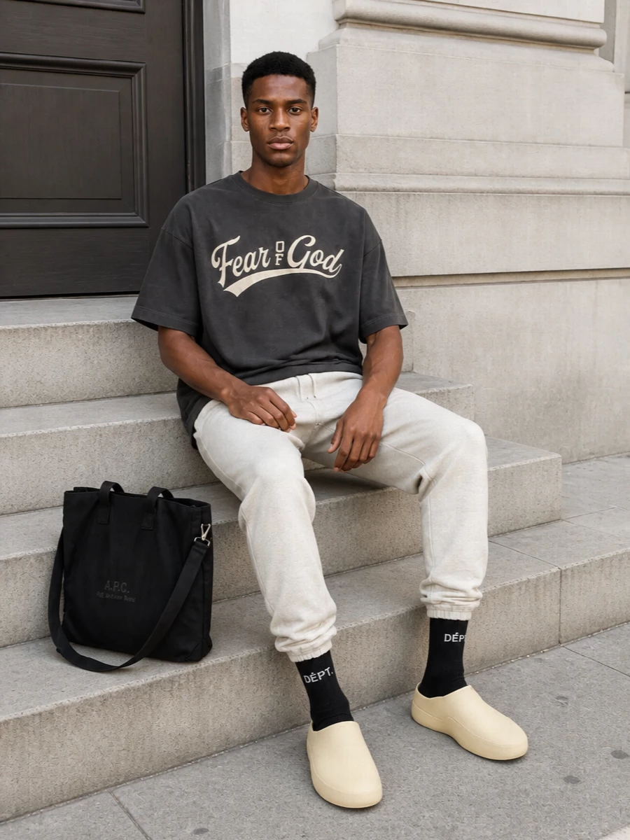 Washed charcoal and soft oatmeal keep this Fear Of God set calm and grounded, with the proportions sitting relaxed but intentional. Sculpted butter-toned mules echo the neutrals, while a pared-back black tote and quiet logo socks bring just enough graphic edge. It is an easy uniform for off-duty days when you still want the outfit to feel thought through.