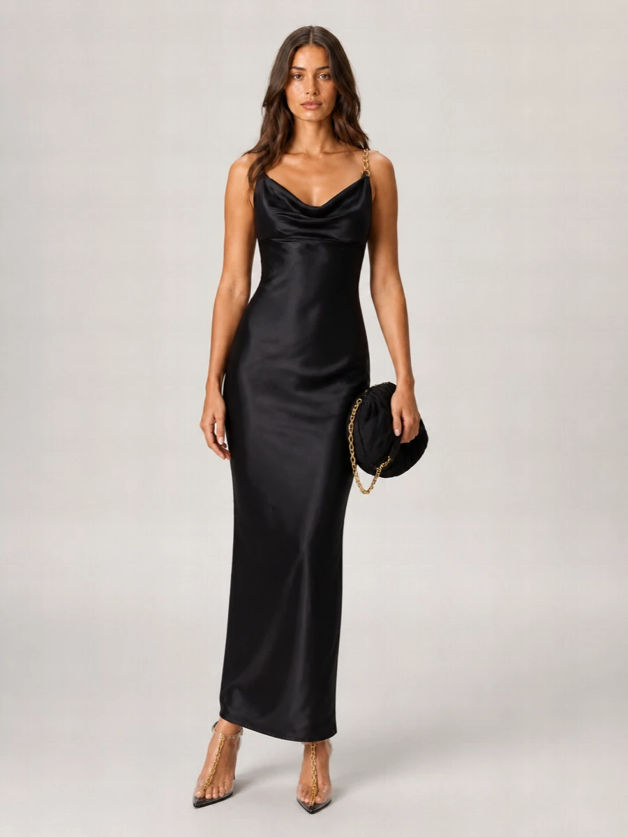 Balmain Satin Maxi Dress With Thin Straps And Gold Detail