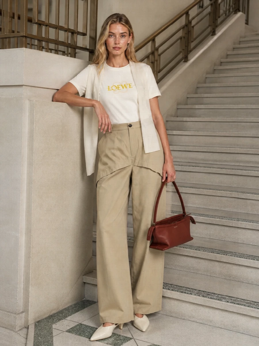 Loewe logo tee wide leg trousers outfit