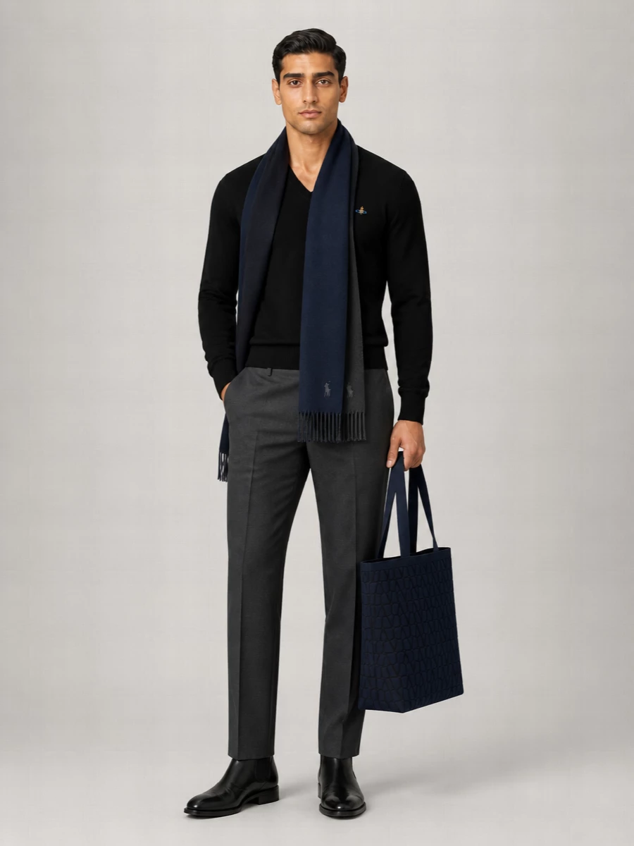 A black Vivienne Westwood V-neck knit is sharpened with charcoal Valentino tailoring for a clean, office-ready foundation. Sleek black Chelsea boots keep the line modern and composed, while a navy Valentino tote introduces quiet structure and depth. A navy and charcoal scarf finishes the palette with a soft, collegiate nod that still feels firmly grown up.