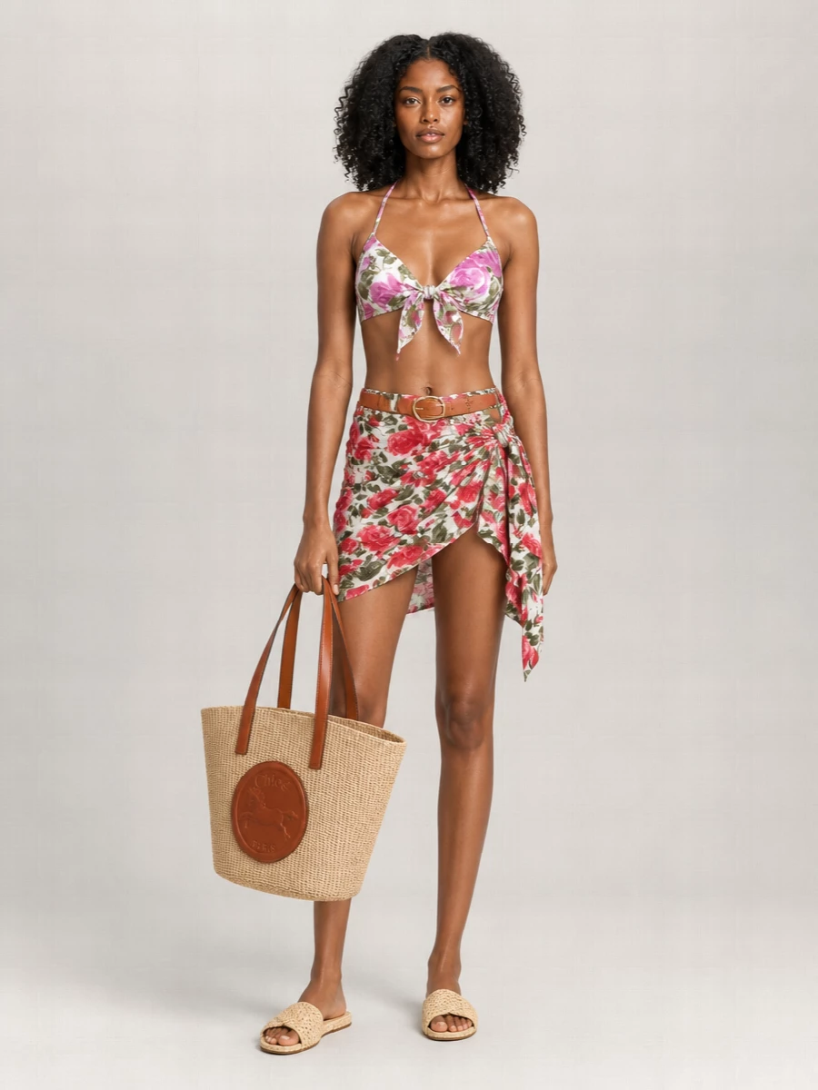 Chloé Cotton Floral-Print Draped Asymmetric Knee-Length Wrap Skirt