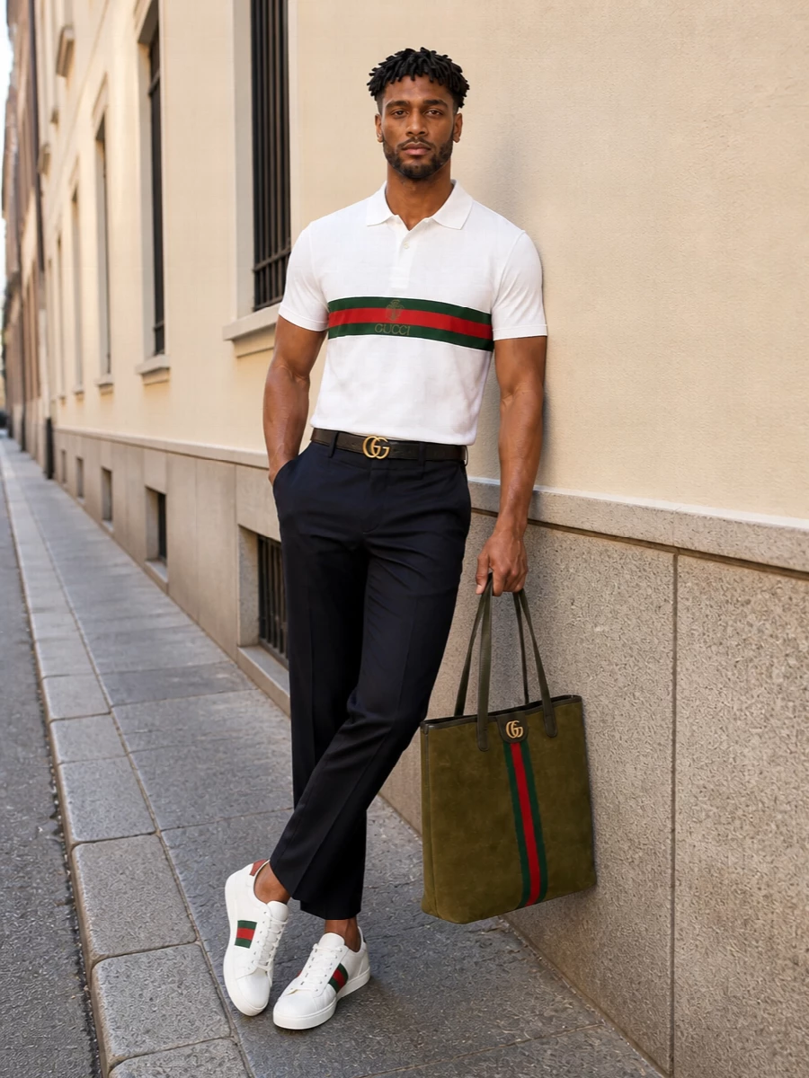 Crisp heritage sport meets city polish here, with the striped Gucci polo grounded by cropped midnight navy tailoring. Off-white web sneakers and an olive suede tote pick up the house colors in a softer key, while a clean black Double G belt sharpens the waistline. The result is relaxed, quietly branded Gucci styling that works from daytime plans through dinner.
