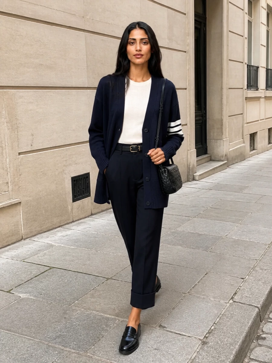 Thom browne navy cardigan trousers outfit