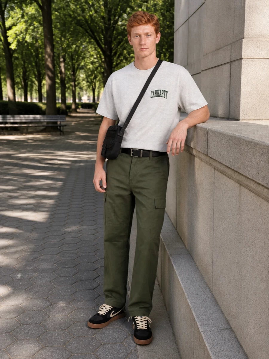 Light heather grey and deep olive green stay in the same grounded lane, keeping the palette tight and utilitarian around the straight-leg cargo silhouette. Black and cream sneakers plus a compact crossbody and simple belt bring in just enough street detail without breaking the calm, workwear-informed mood. The result is an easy everyday uniform that still feels considered from city runs to low-key nights out.