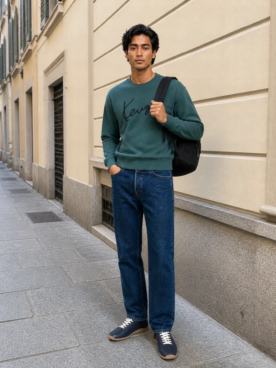 Kenzo sweatshirt dark indigo jeans navy sneakers