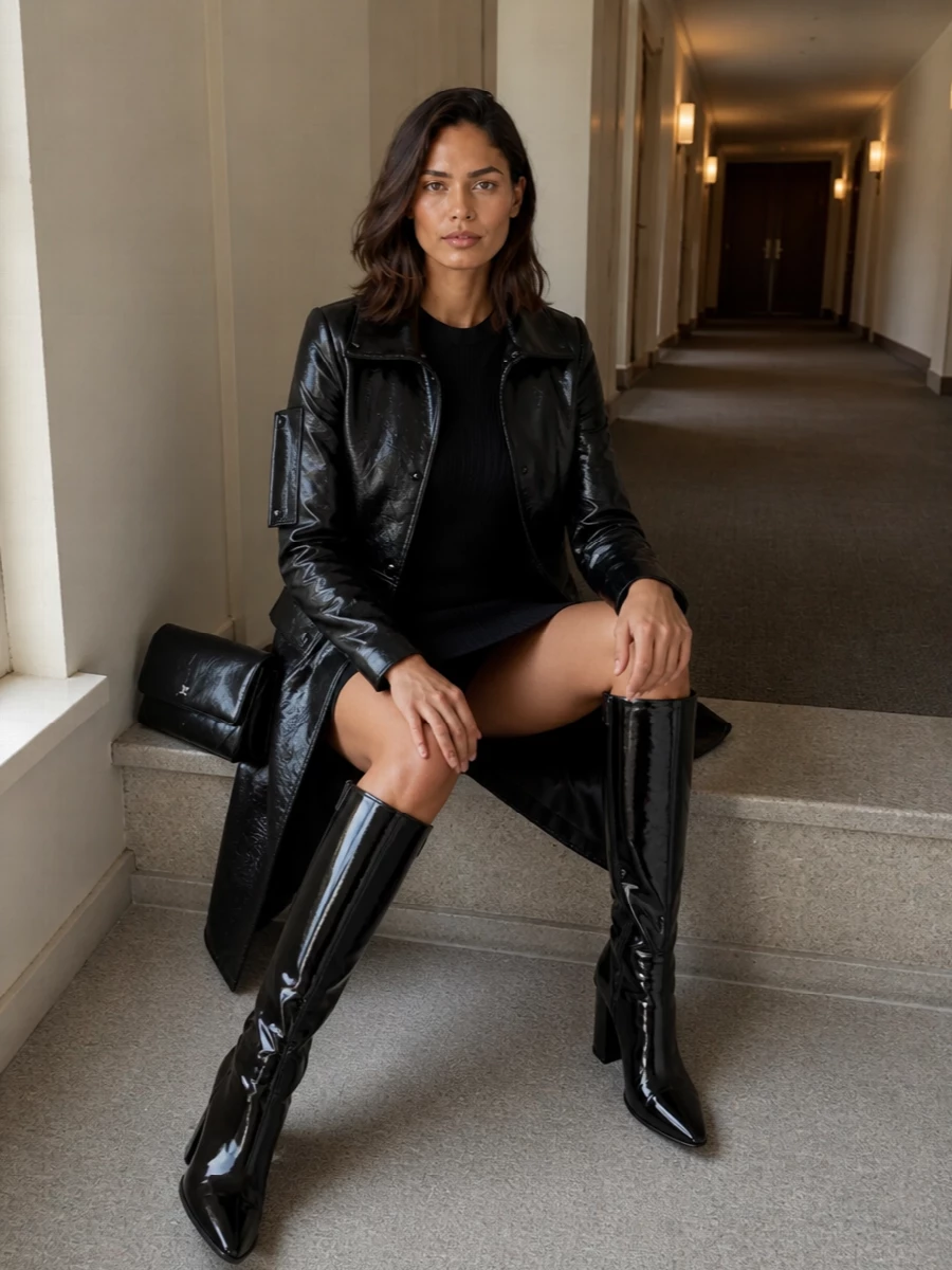 Courreges black coat ribbed mini dress boots