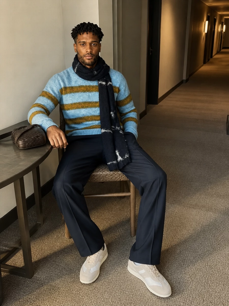 Dries van noten stripe sweater navy wide trousers