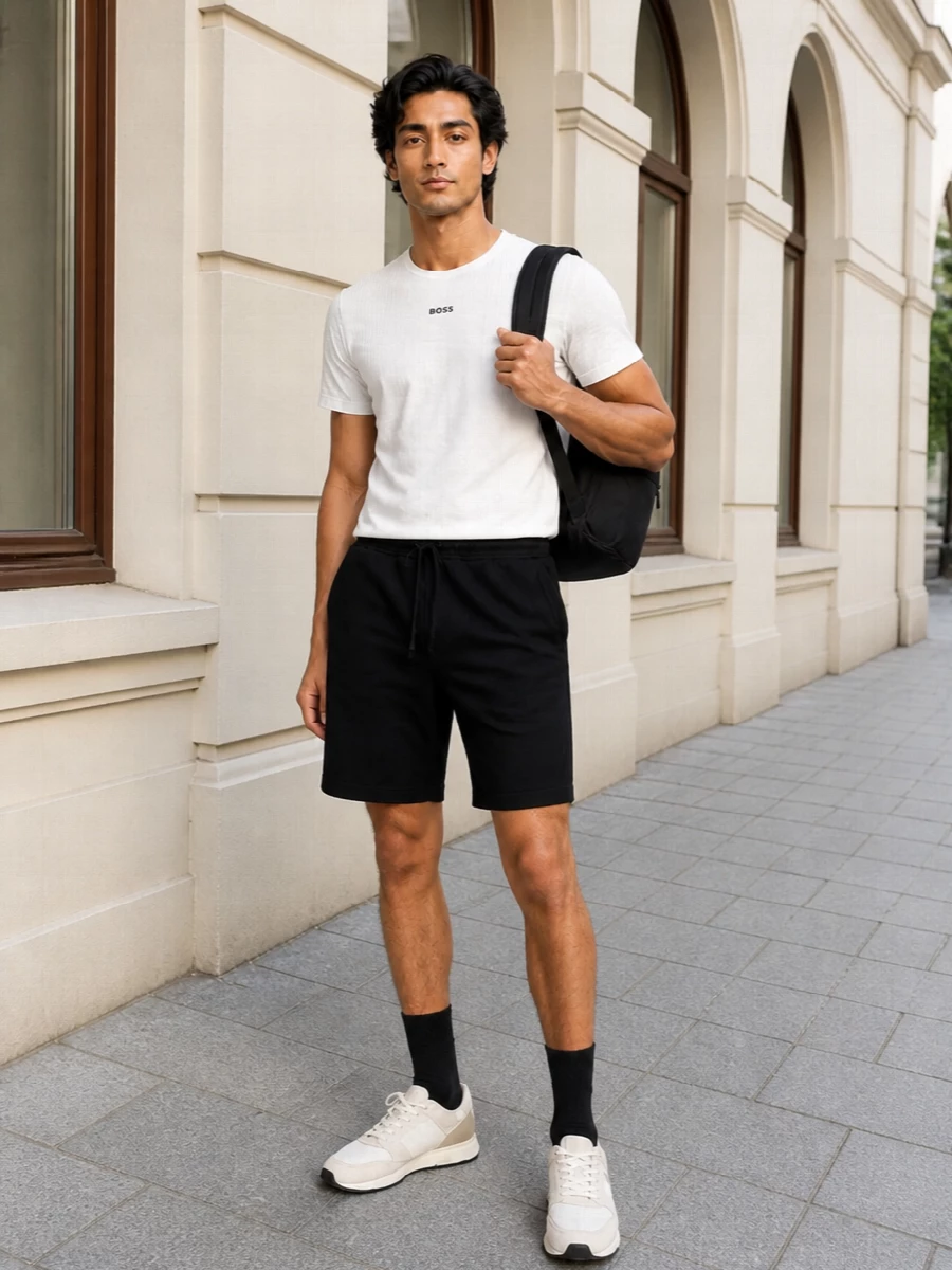 Boss white tee black shorts sneakers outfit