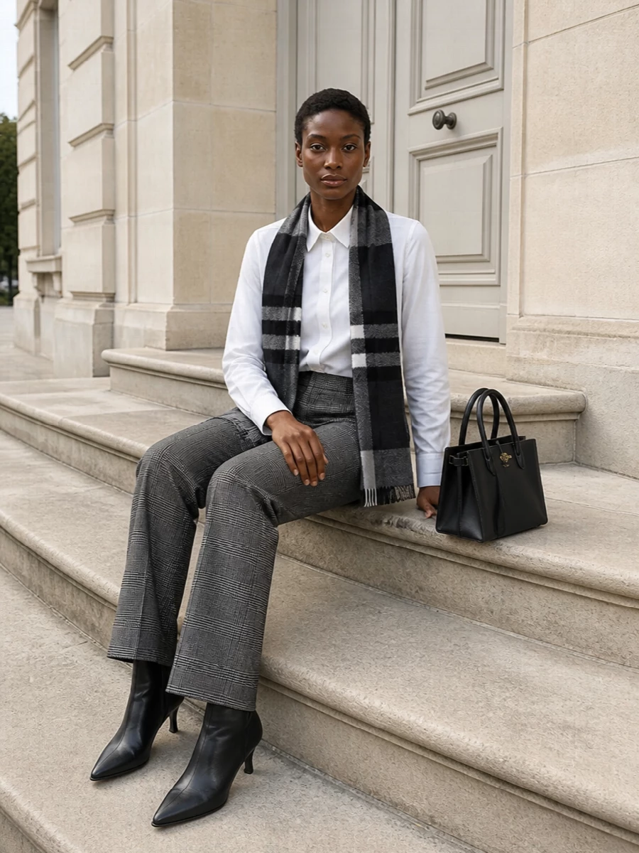 Burberry grey check trousers white shirt outfit